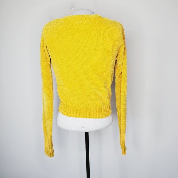 ANTHRO RUBY MOON Mustard Yellow Chenille Cropped Crossover V-Neck Trendy Sweater - Picture 4 of 9
